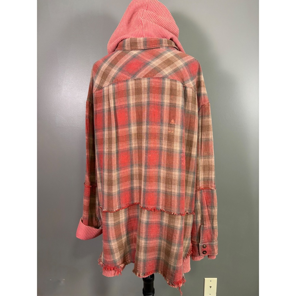 Oli & Hali Plaid Hooded Shacket M Waffle Knit Grunge Boho Shabby Mixed Media - Picture 3 of 10